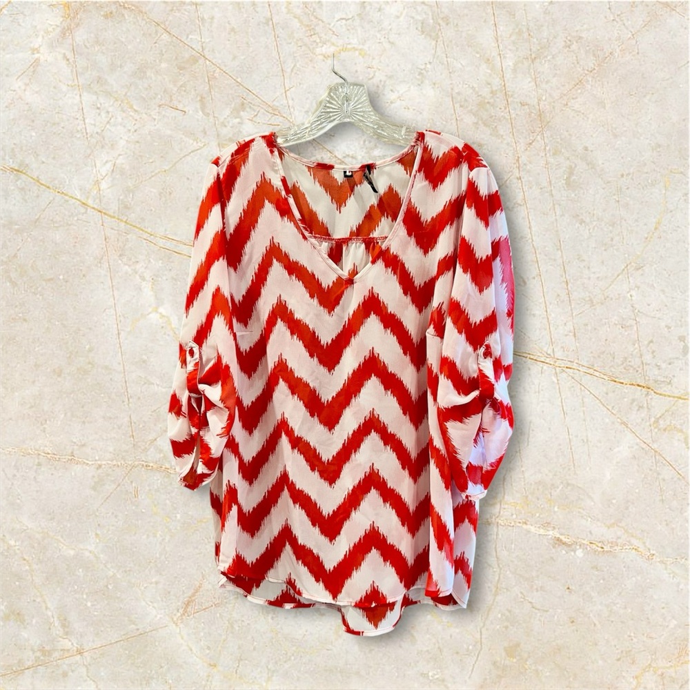 Heart Soul Plus Red & White Chevron Pattern 3/4 Short Sleeve Blouse Size 2X